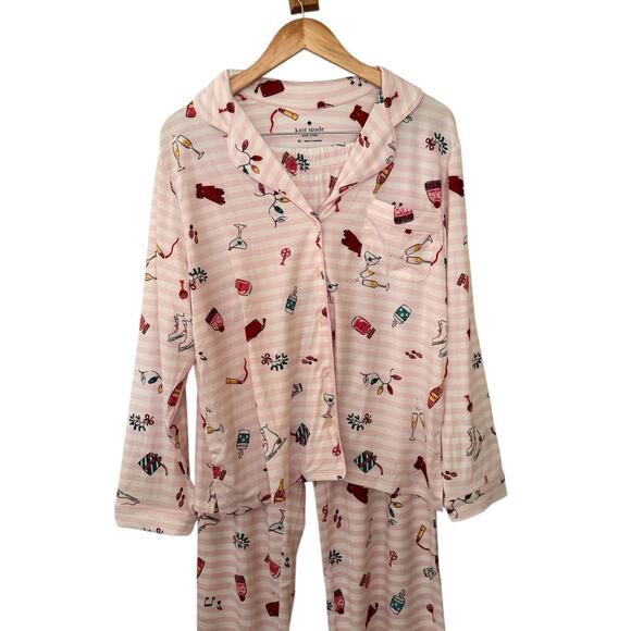 NWT Kate Spade NY XL Pink Striped Novelty Print Pajama Set Cozy Chic Loungewear - Picture 8 of 11